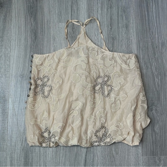 Anthropologie Fumblin Foe Beige Embroidered Balloon Top with Button Down Side L - Picture 4 of 5
